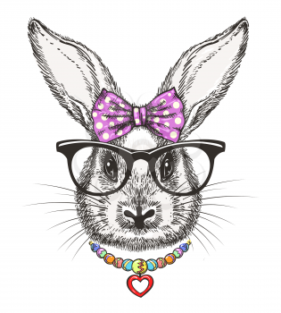 Fashion bunny girl. Cute doodle little rabbit girl portrait with polka dots bow and beads vector illustration