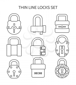 Thin line locks. Outline or linear lock icon set isolated on white background, vector illustration