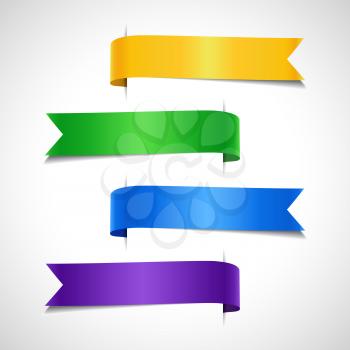 Set of colored decorative arrow ribbons. Yellow, green, blue, purple banners and labels, flags, vector illustration