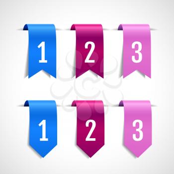 Set of colored decorative ribbons, labels, flags or bookmarks with numbers. Blue, crimson, pink tags, vector illustration