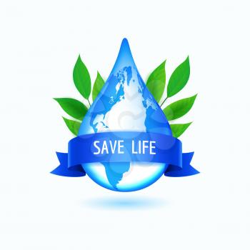 Earth drop with green leaves and blue ribbon, vector illustration