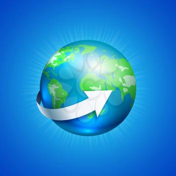 Planet globe Earth with white arrow on the blue background, vector illustration