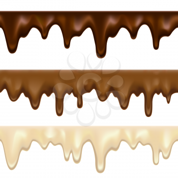 Dripping white chocolate melt. Candy brown and white milk splatters vector illustration, chocolates drops patterns on white