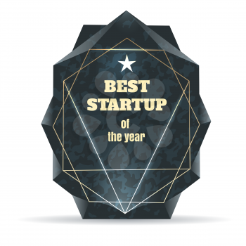Polygonal frame with startup award. Crystal shape diamond stone element for business awards card, vector illustration