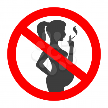 Pregnant no smoking sign. Pregnant woman black silhouette with cigarette vector warning symbol, smoke baby damage pictogram in red circle