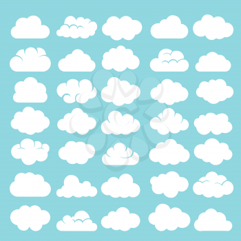 Cartoon clouds. White cumulus cloud shapes on blue sky background vector illustration