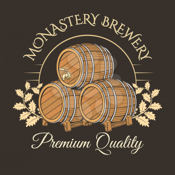 Brewery barrel emblem. Old barrels logo for brewery or distillery, vector color vintage wood casks label