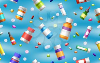 Pills seamless pattern. Medicine, tablets and medical bottles vector background for pharmaceutical concepts
