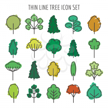 Colored hand drawn tree icons. Summer green and autumn orange and yellow trees with leaves on branches vector illustration
