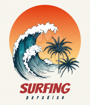 Surfer big wave. Ocean wave surfing hawaii or california paradise vector retro poster