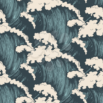 Ocean waves seamless pattern. Sea wave blue background, wind storm surf water hand drawn vector illustration