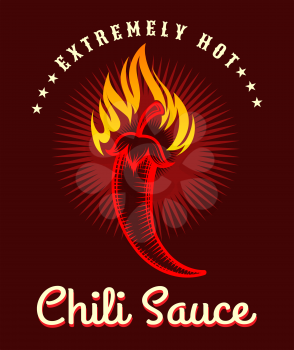 Chili sauce poster. Burning hot pepper background, fire salsa spicy sauce label
