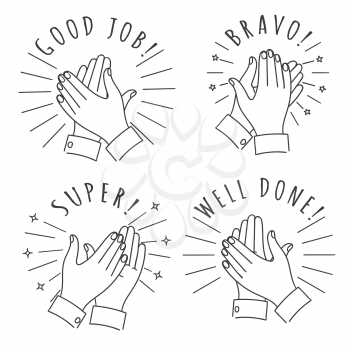 Doodle hands claps. Hand drawn applauding clapping hands isolated on white background, winner applause sketch vector illustration