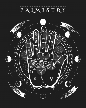 Esoteric prophecy poster. Occult human hand fish tattoo and palmistry etching symbols vector illustration