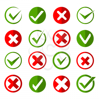 Crosses and ticks signs. Green tick and red cross, ok and crossing checkmark vector icons in flat style