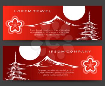 Asian japanese banners with pagoda and fuji mount. Vector red banner set of japan