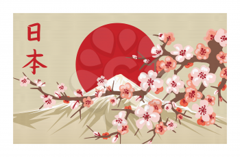 Japan festival traditional landscape with blossoming cherry flowers against snow capped Fuji mountain top zen panorama vector