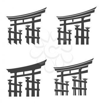 Japan gate torii silhouette set isolated on white background or vector japanese gates symbols for logo, torii shinto door icons. Vector illustration