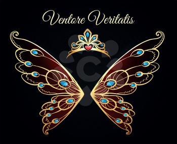 Wings and tiara princess jewelry gold logo. Luxury jewellery diamond fashion vector emblem
