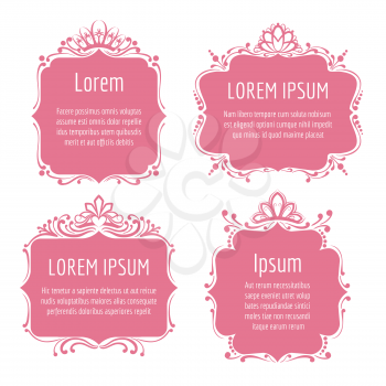 Beautiful pink borders with queen tiaras or frames with princess crowns isolated on white for little girl birthday invitation or wedding card