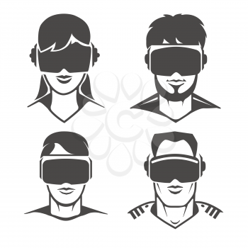 Human heads with VR headset icons. Virtual reality glasses or oculus goggles signs, vector illustration