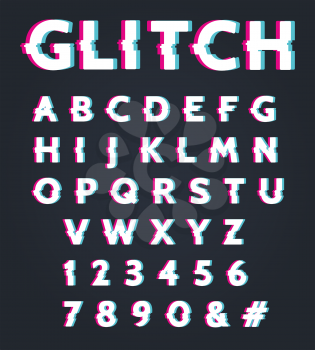 Font with glitch effect. Glitched digital alphabet, type letters with old tv screen distortion vector illustration