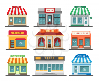 Shops stores exteriors. Laundry and restaurant, pharmacy and bistro cafe, store and shop retail street business buildings fronts isolated on white background