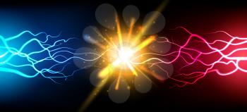 Bright electric battle concept. Abstract electrical power challenge background, bright energy burst effect collision, glowing shock lightnings strike