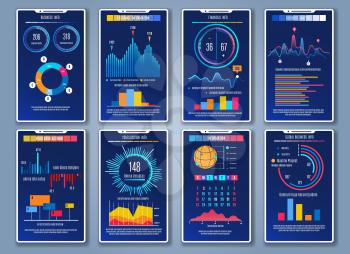 Mobile charts cards. Phone infographic graph and chart dashboards, info dashboard backgrounds concepts for finance exchanging bank business, simple interface progressive infographics