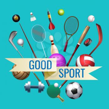 Sports goods. Isolated sport tools on blue background with inscription, vector sporting equipements banner, fitness items concept
