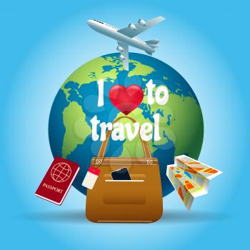 Around earth travelling poster. World tourism, i love travel concept with globe, heart and plane, aircraft entertainment traveller tours vector illustration