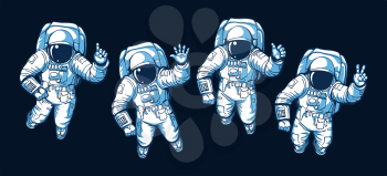 Astronaut ok hello victory signs. Illustrated astronauts floating in vacuum space without gravity with various hand gestures