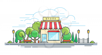 Line modern storefront. Linear store front on street concept, shop or commercial boutique exterior, small retale business building vector illustration