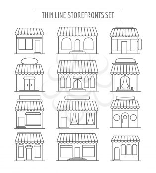 Line street retail fronts. Streets shopping and business commercial buildings linear vector illustration, cafe and restaurant storefronts icons