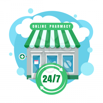 Online pharmacy icon. 24-7 medicine orders delivery, drugs tablets and medical healthcare products business server vector emblem