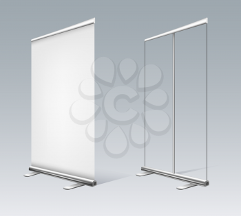 White rollups banner. Empty pullup with open canvas and closed roll ups banners for commercial exhibition or advertisement promotion stands isolated on background, vector illustration