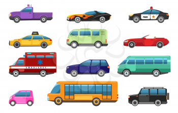 Bus and cars design objects. Auto drive transportation vehicles, hatchback and suv, cabrio and smart minicar cartoon vector illustration