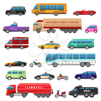 Cartoon bikes trucks and public transport. Van and motorcycle, taxi and electric hybrid car city vehicles side view transportations collection vector illustration