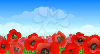 Illustrated poppy field landscape. Beautiful poppies with blue sky, red flowers garden on green grass meadow vector illustration