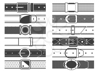 Vector belts with buckles. Casual waistbands and slag straps fashion vector illustration, linear drawn leather accessories isolated on white background