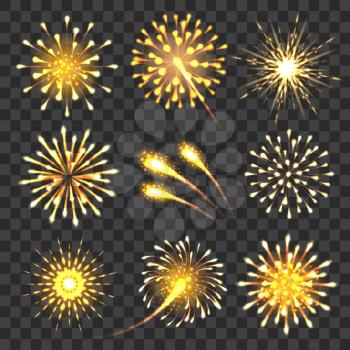 Golden cheers fireworks. Gold beautiful outdoor firework elements on transparent background, yellow winter carnaval celebrate rockets explosions, anniversary decoration sparklings