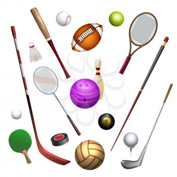 Sport inventory. Golf and baseball, table tennis and hockey, billards and bowling, rugby vector icons, sports games equipment