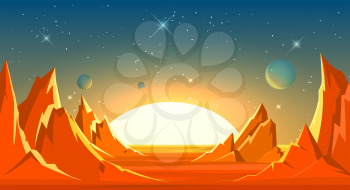 Cartoon space landscape. Moon land surface vector illustration, desert planet horizon background view, cosmic relief scenery pattern