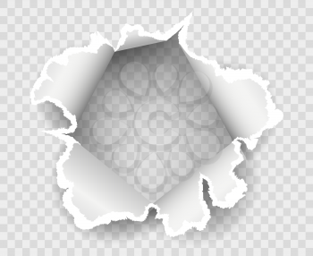 Transparent paper rip hole. Torned out background vector illustration, ripped sheet isolated image, torn papers bullet with curled bursting edges