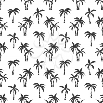 Palm trees black seamless pattern. Silhouette of tropical palmtree on beach for fabric print and swimwear textil, vector illustration tropic texture for travel brochure