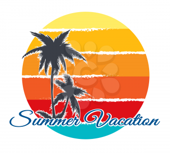 Retro poster of summer vacation with palms. Vintage decorated banner of sunny event for travelers, lifestyle with relax on tropical sunset, vector illustration banner of seaside holiday