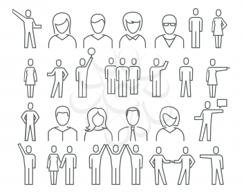 Men and women line icons. Walking woman and standing man, people crowd and shaking hands mans symbols, friends and couple linear icon set on white
