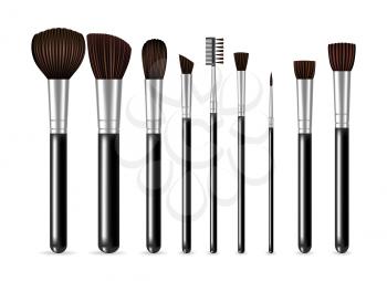 Make up brushes. Professional cosmetics objects vector illustration, face skin fashion brush applicator set for artistic makeup