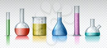 Chemical glass. Isolated chemist technology equipment, colorful beakers and flasks with chemicals vector illustration, fill tubes measuring and laboratory flask testing elements