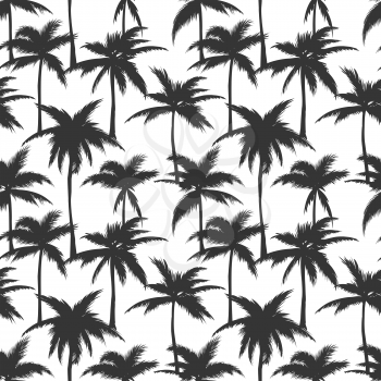 Palm trees black print. Tropical palmtree seamless pattern for beach fabric and swimwear textil, travel brochure tropic texture, vector illustration